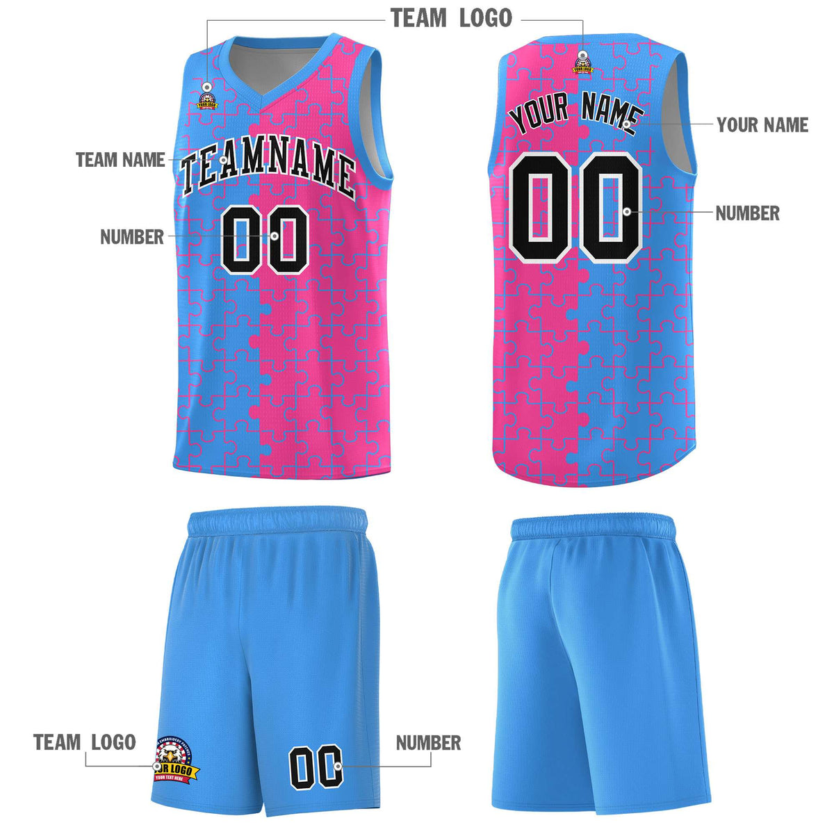 Custom Light Blue Pink Splid Basketball Kits With Puzzle Pattern