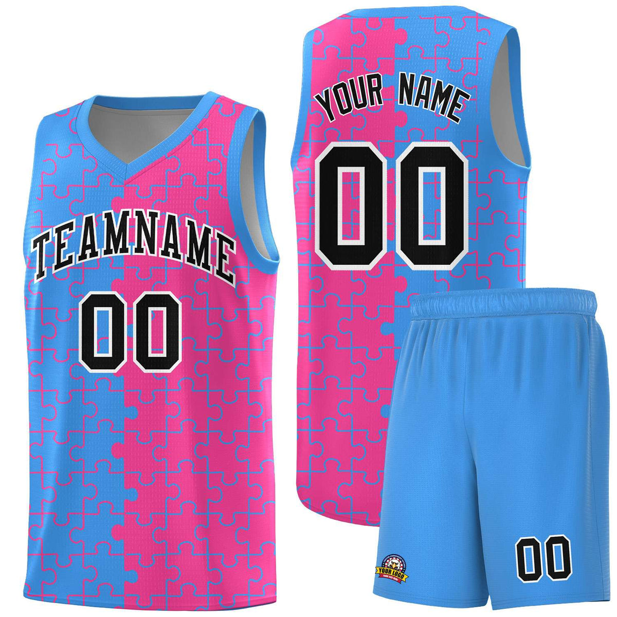 Custom Light Blue Pink Splid Basketball Kits With Puzzle Pattern