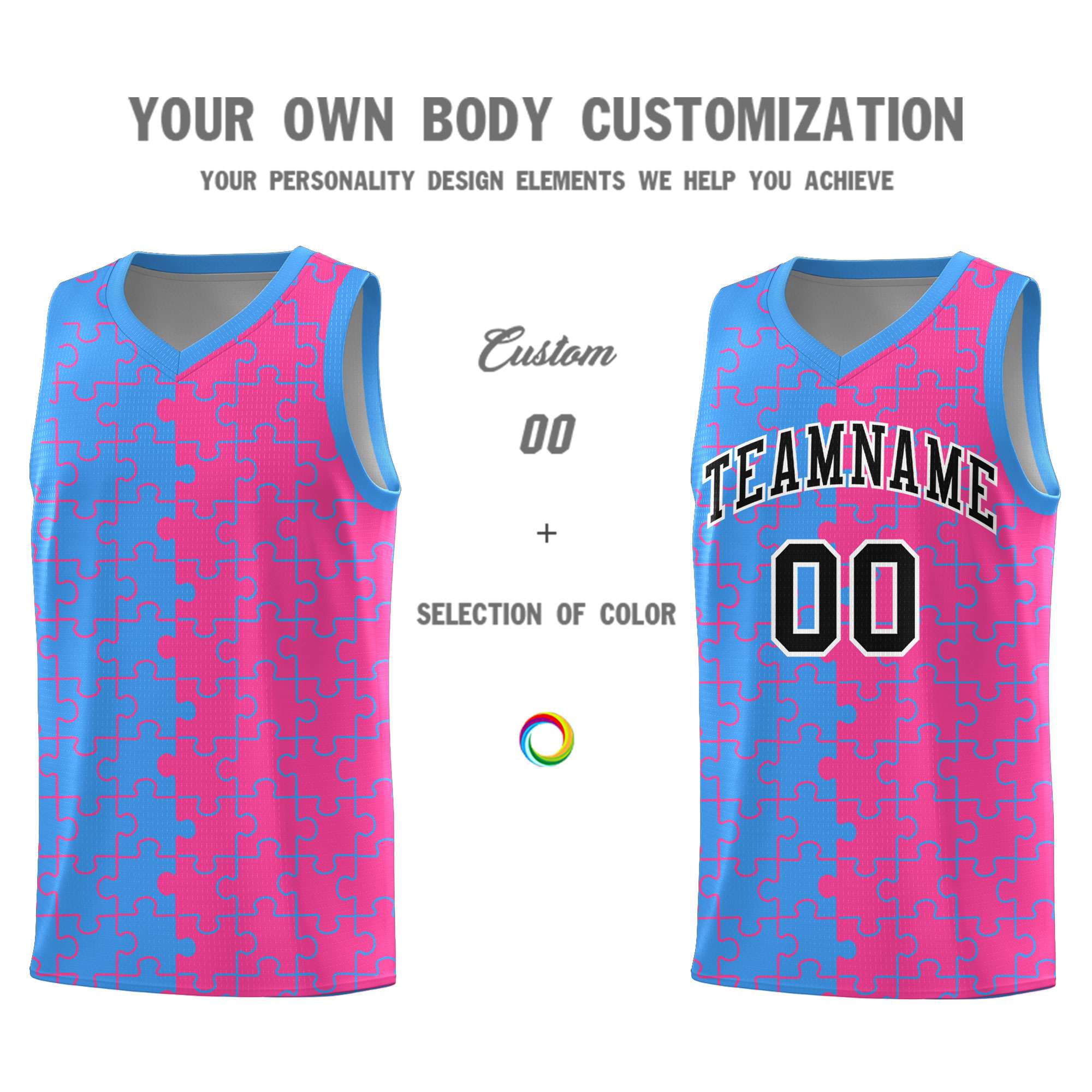 Custom Light Blue Pink Splid Basketball Kits With Puzzle Pattern