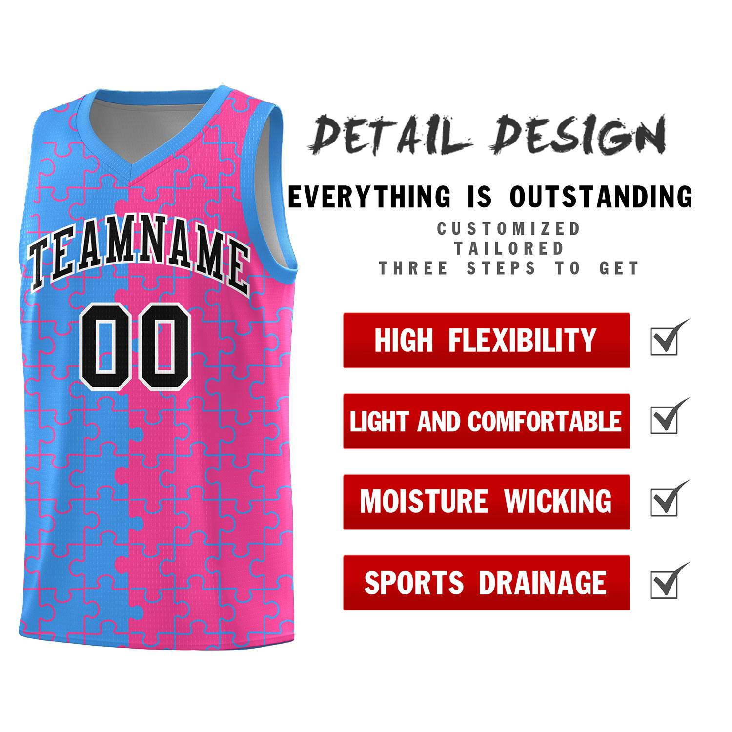 Custom Light Blue Pink Splid Basketball Kits With Puzzle Pattern