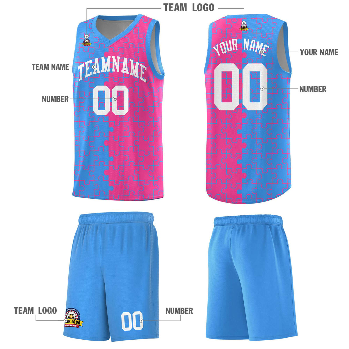 Custom Light Blue Pink Splid Basketball Kits With Puzzle Pattern
