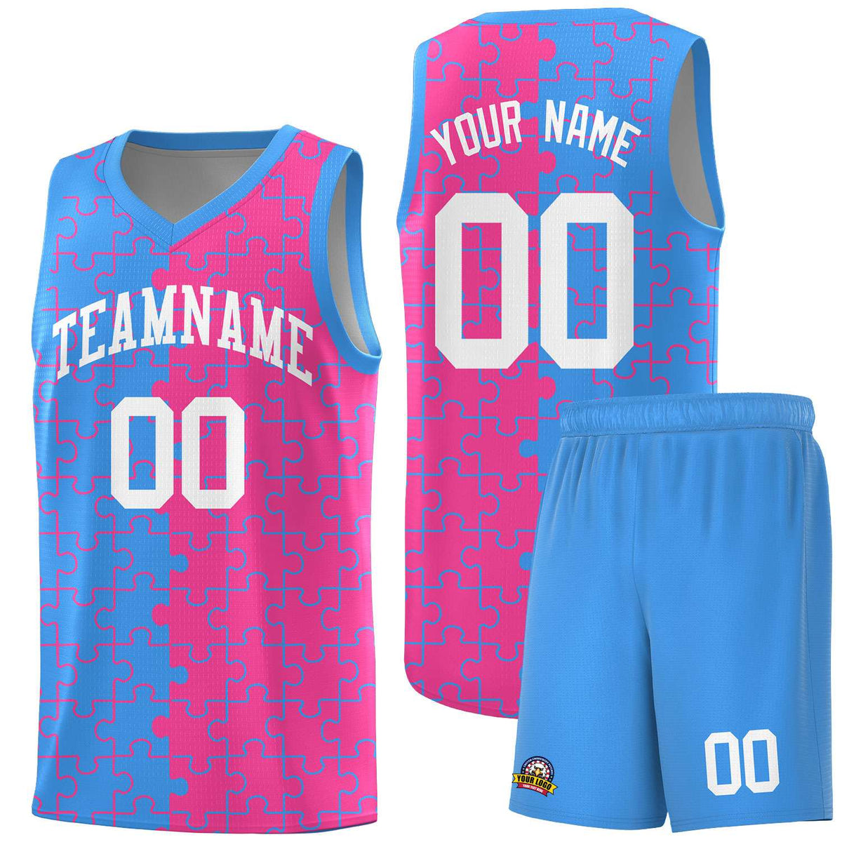 Custom Light Blue Pink Splid Basketball Kits With Puzzle Pattern