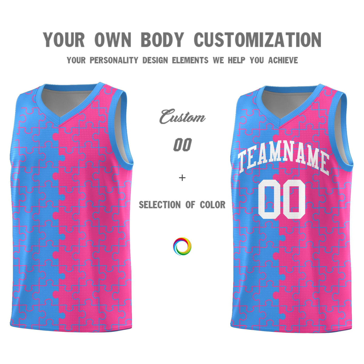 Custom Light Blue Pink Splid Basketball Kits With Puzzle Pattern