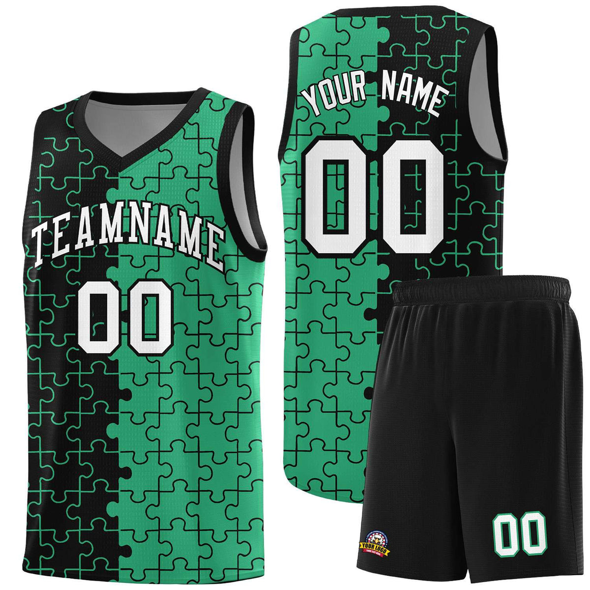 Custom Black Green Splid Basketball Kits With Puzzle Pattern