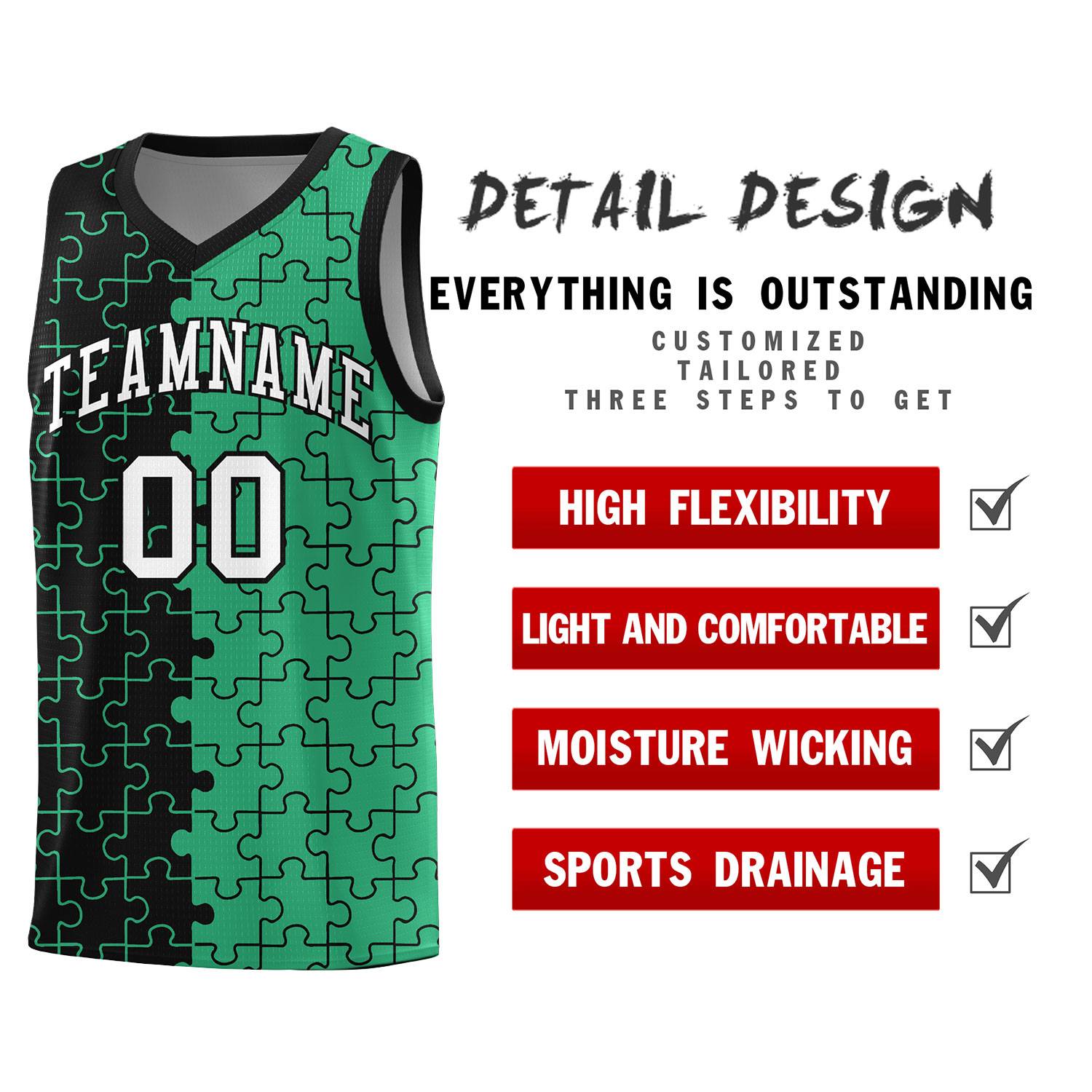 Custom Black Green Splid Basketball Kits With Puzzle Pattern