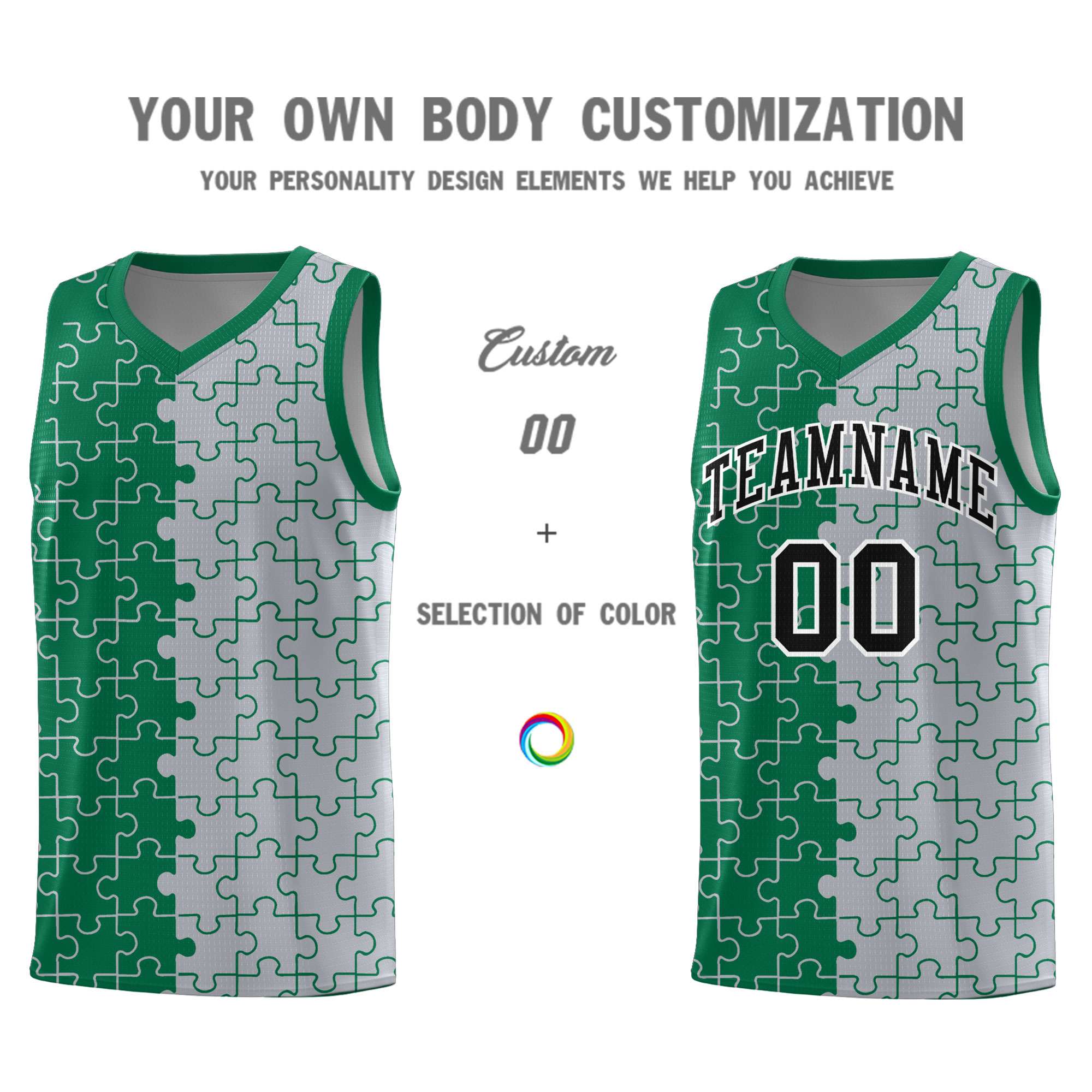 Custom Kelly Green Gray Splid Basketball Kits With Puzzle Pattern