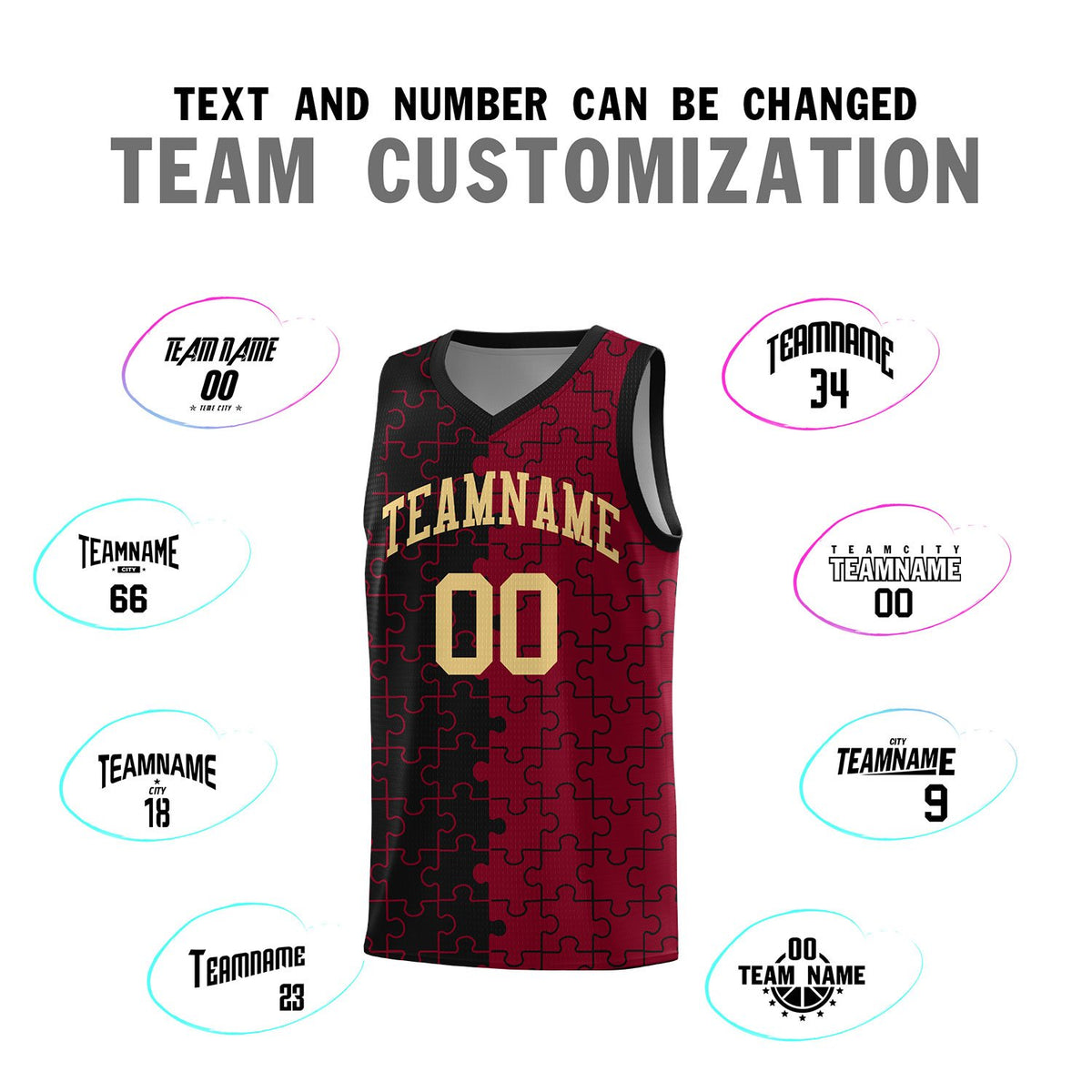 Custom Black Crimson Splid Basketball Kits With Puzzle Pattern
