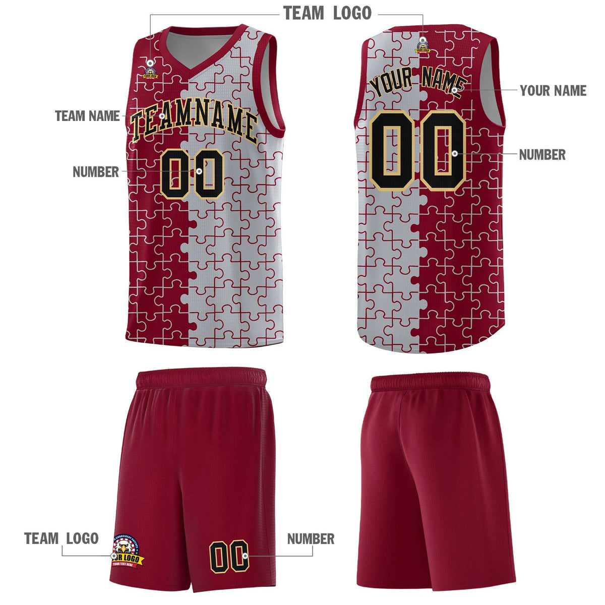 Custom Crimson Gray Splid Basketball Kits With Puzzle Pattern