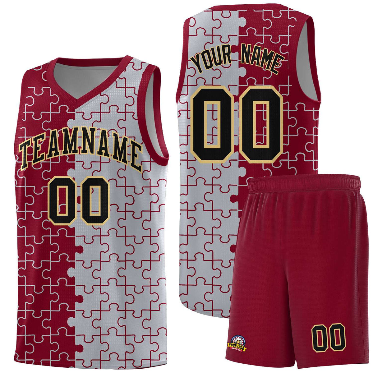 Custom Crimson Gray Splid Basketball Kits With Puzzle Pattern