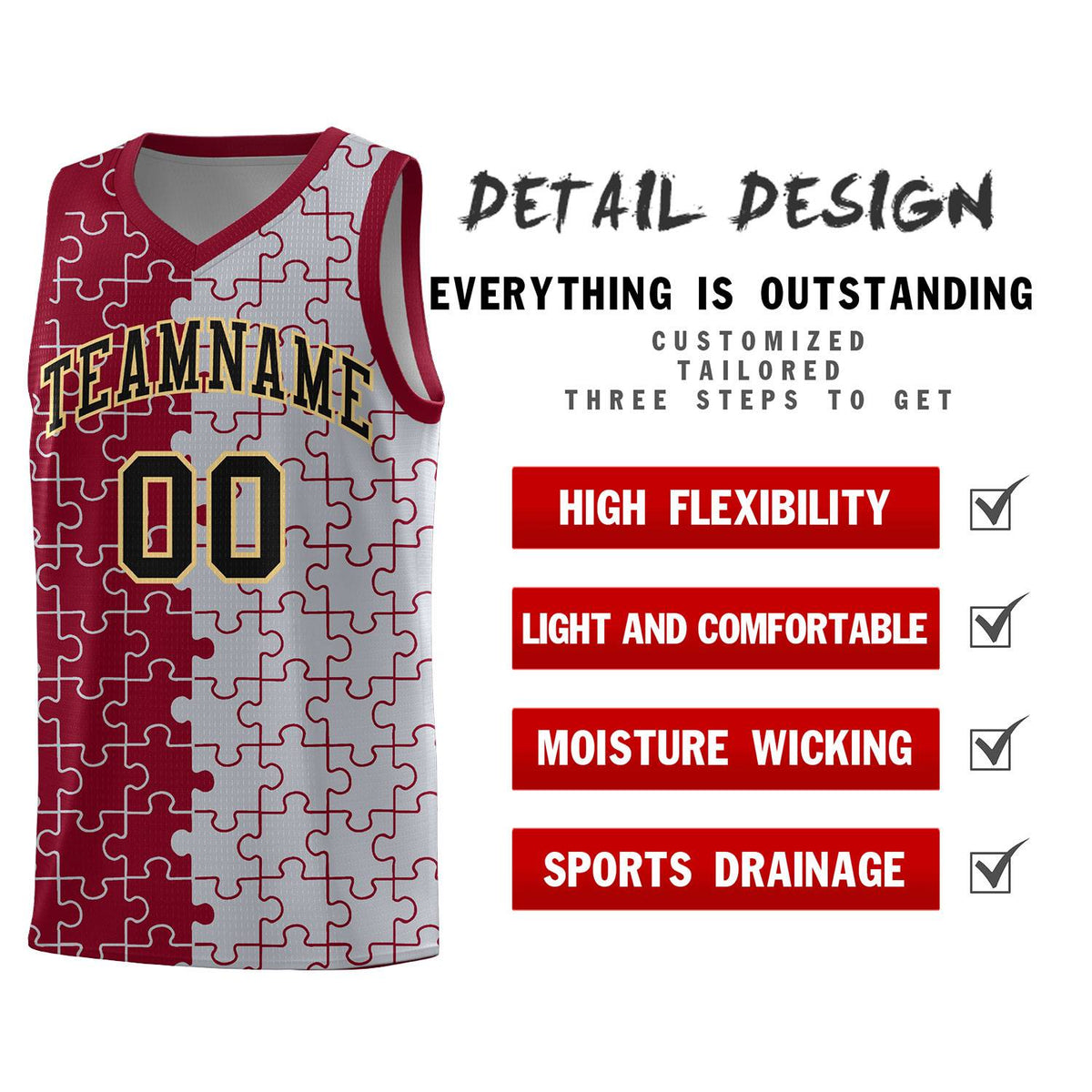 Custom Crimson Gray Splid Basketball Kits With Puzzle Pattern