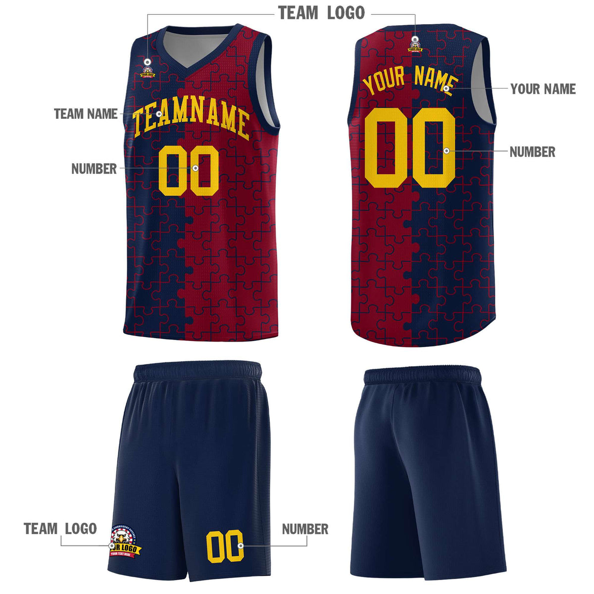 Custom Navy Crimson Splid Basketball Kits With Puzzle Pattern