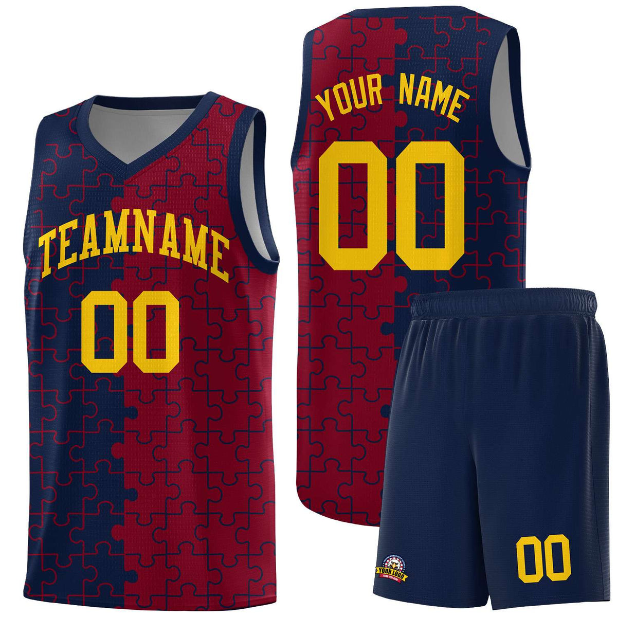 Custom Navy Crimson Splid Basketball Kits With Puzzle Pattern