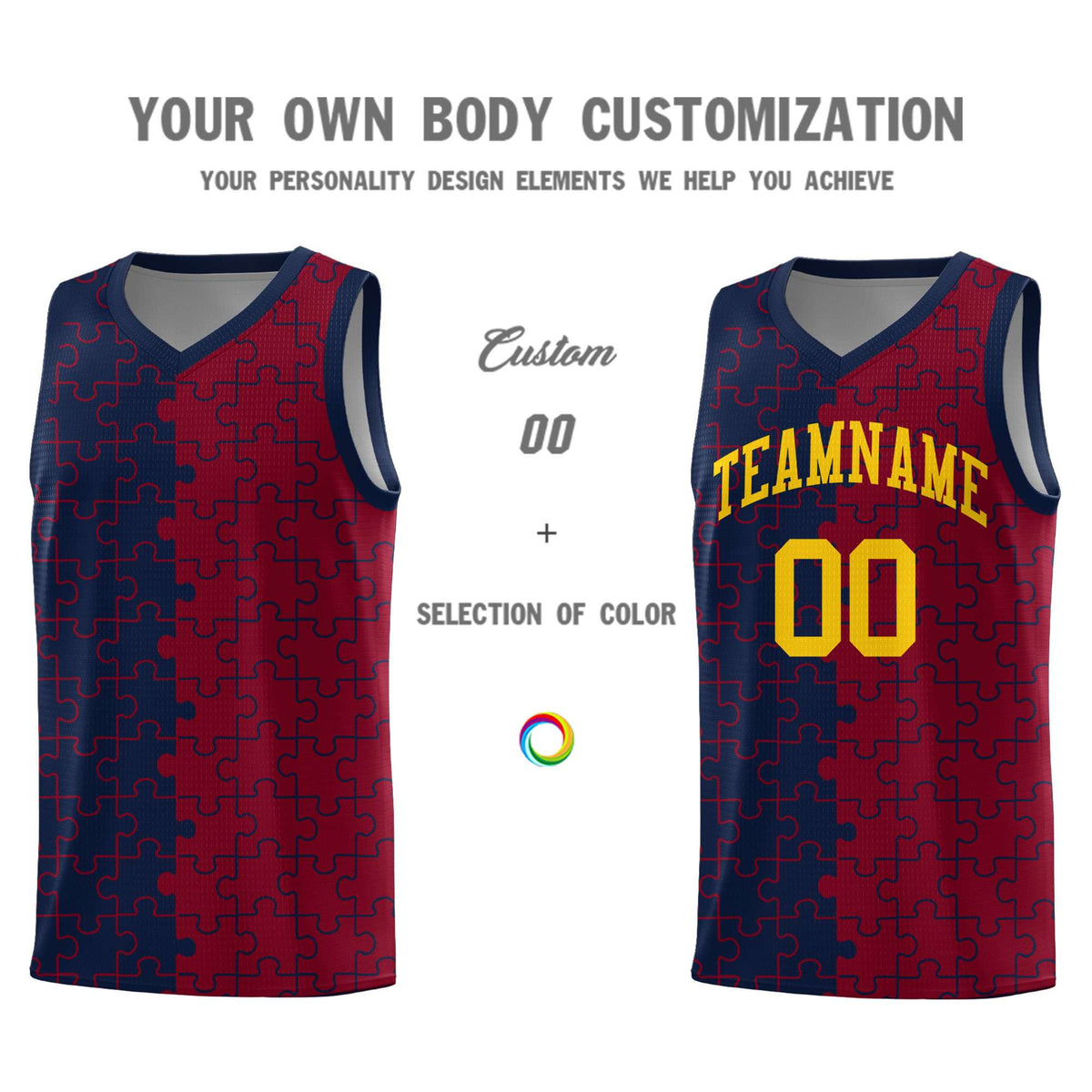 Custom Navy Crimson Splid Basketball Kits With Puzzle Pattern