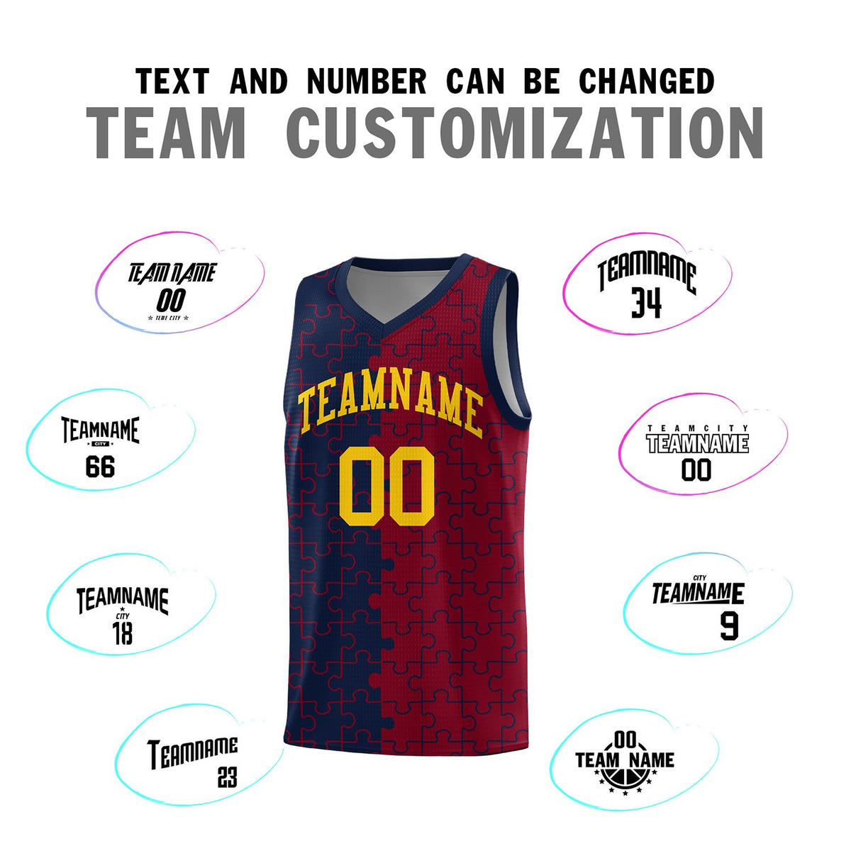 Custom Navy Crimson Splid Basketball Kits With Puzzle Pattern