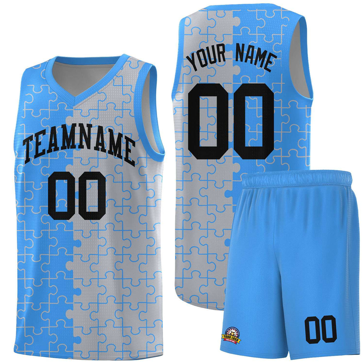 Custom Light Blue Gray Splid Basketball Kits With Puzzle Pattern