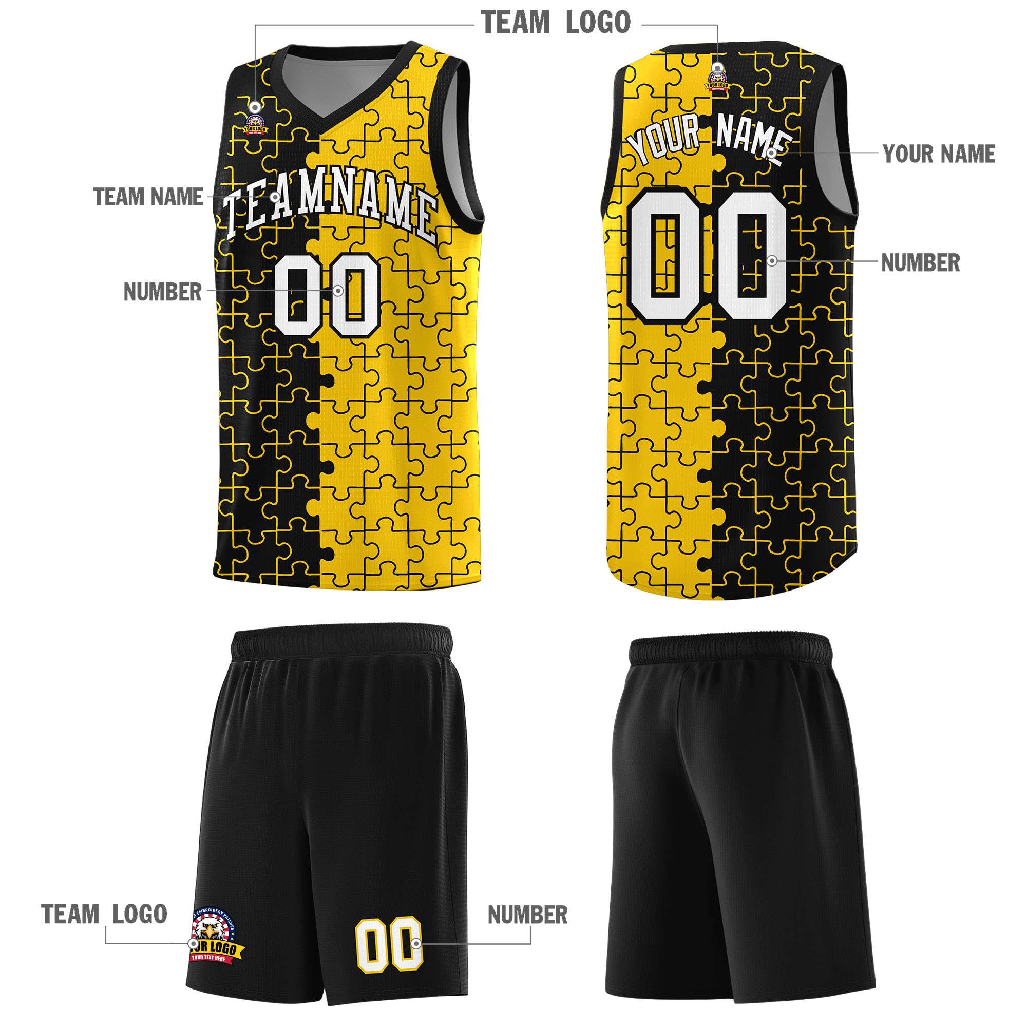 Custom Black Gold Splid Basketball Kits With Puzzle Pattern