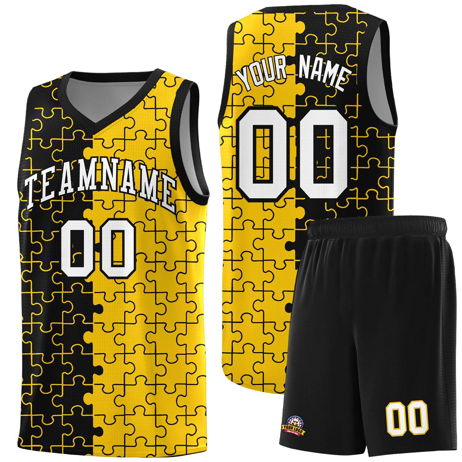 Custom Black Gold Splid Basketball Kits With Puzzle Pattern