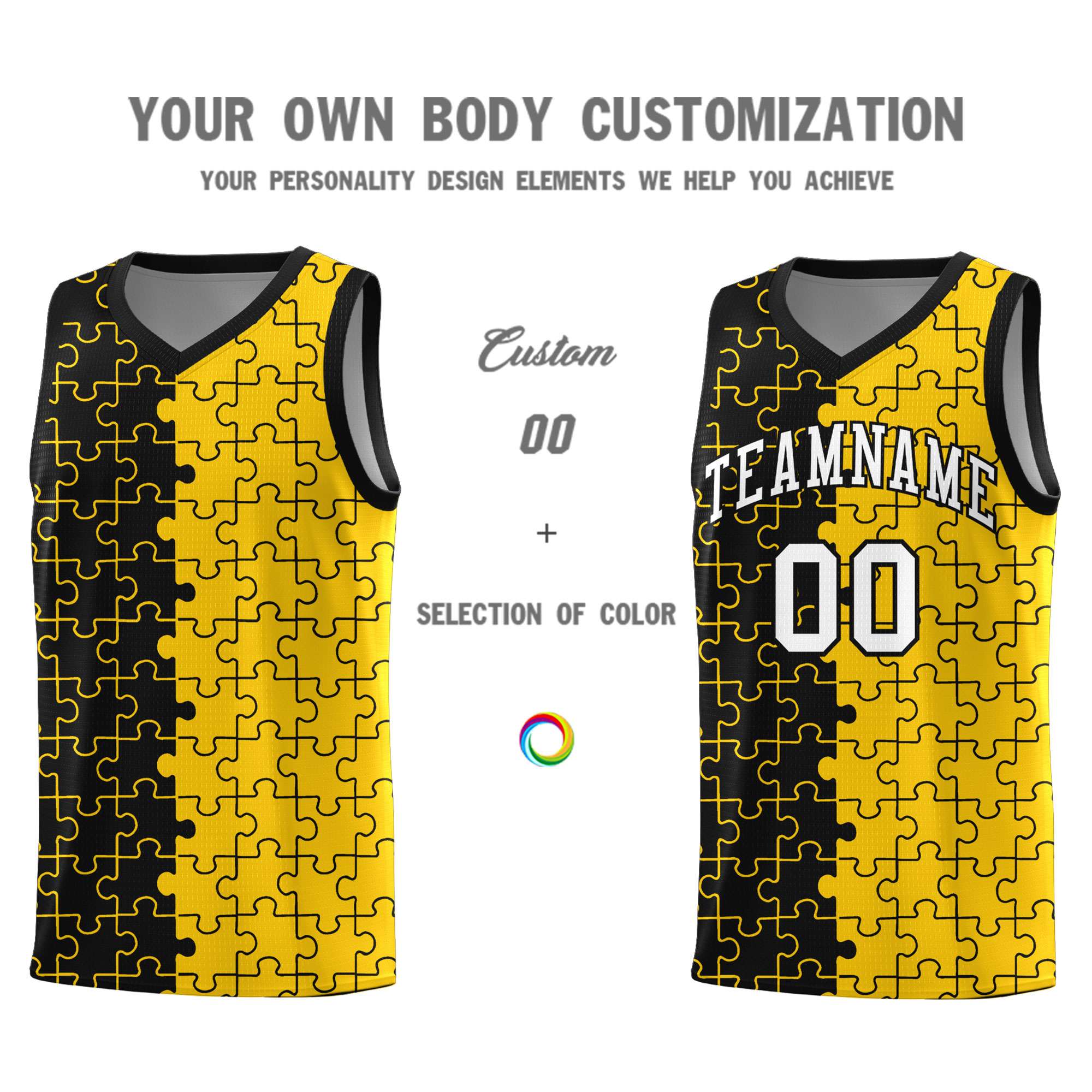 Custom Black Gold Splid Basketball Kits With Puzzle Pattern