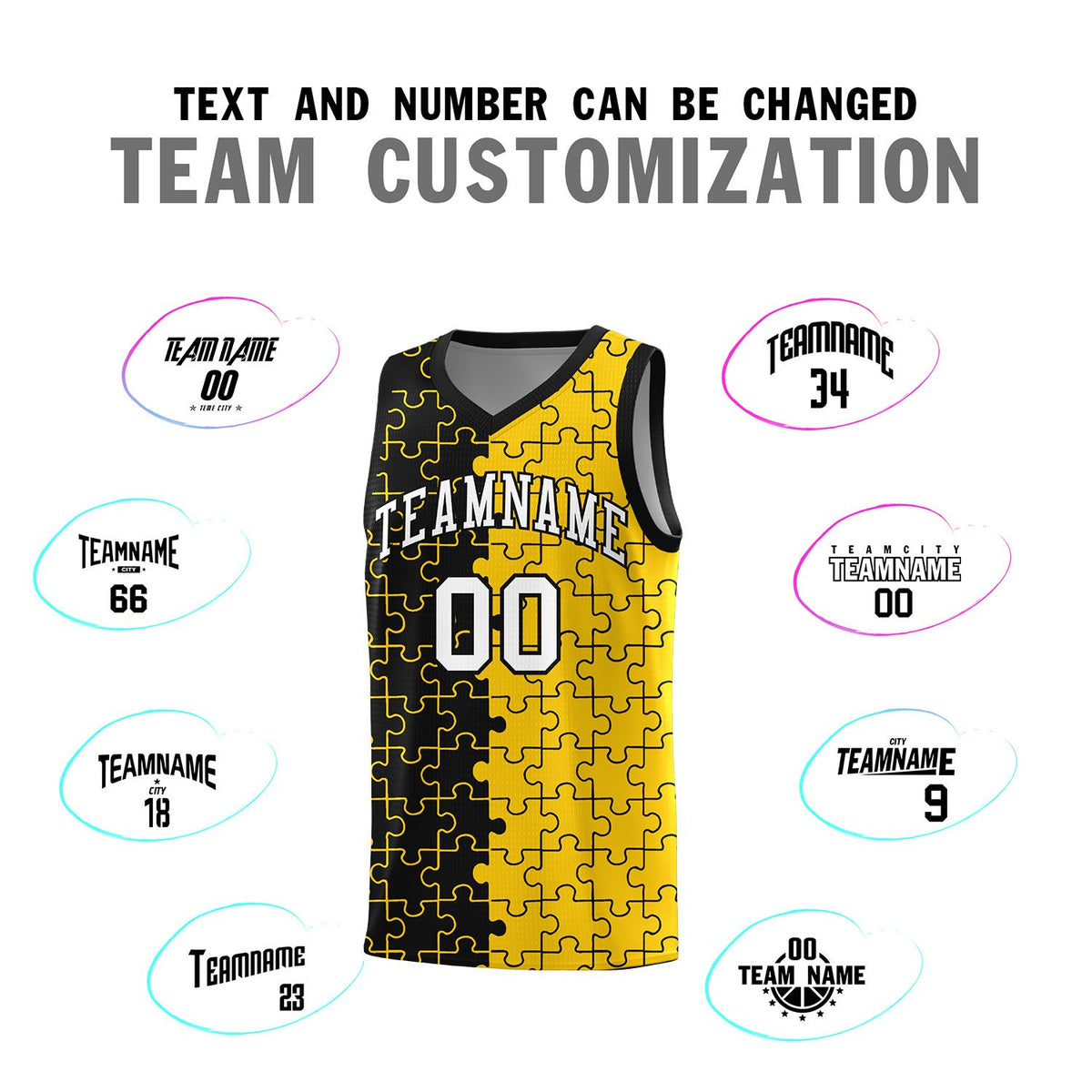 Custom Black Gold Splid Basketball Kits With Puzzle Pattern