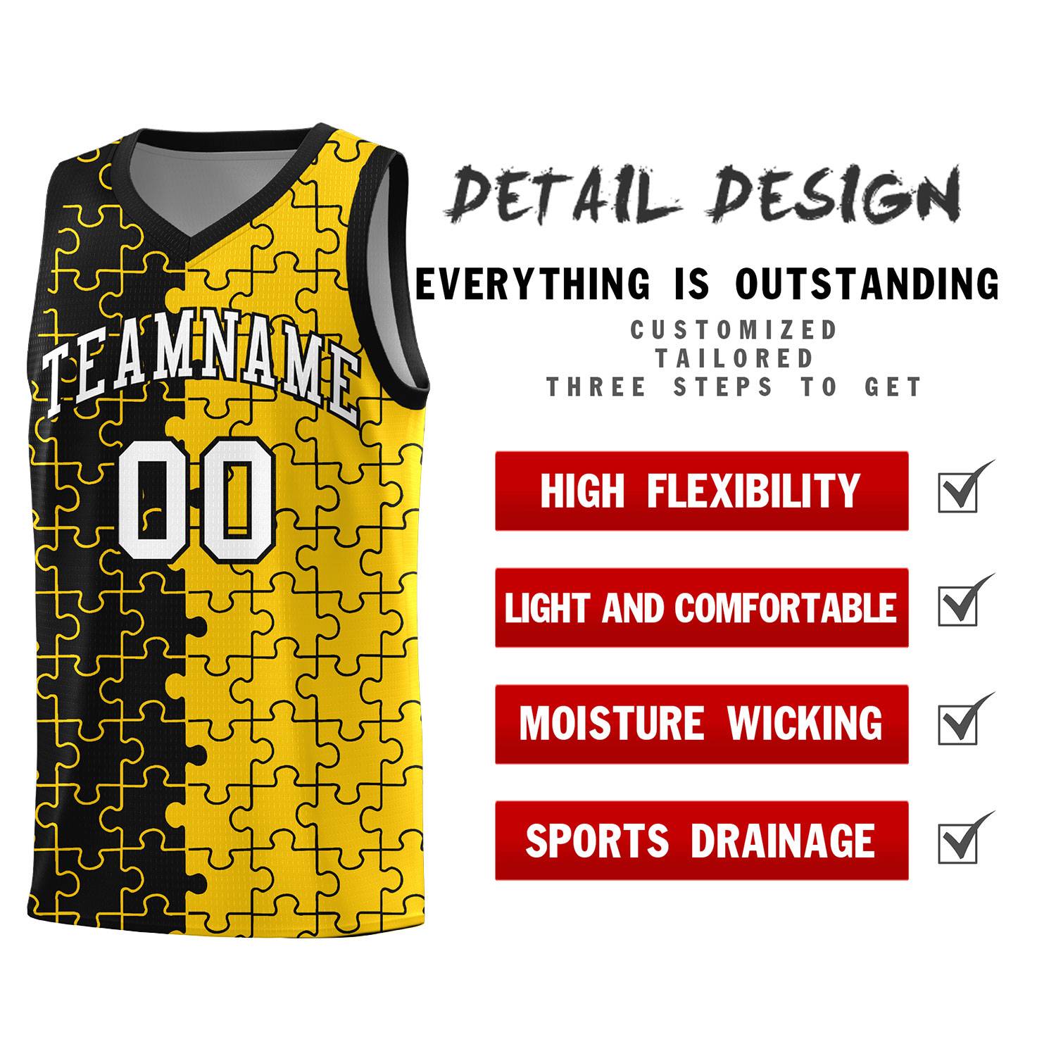 Custom Black Gold Splid Basketball Kits With Puzzle Pattern
