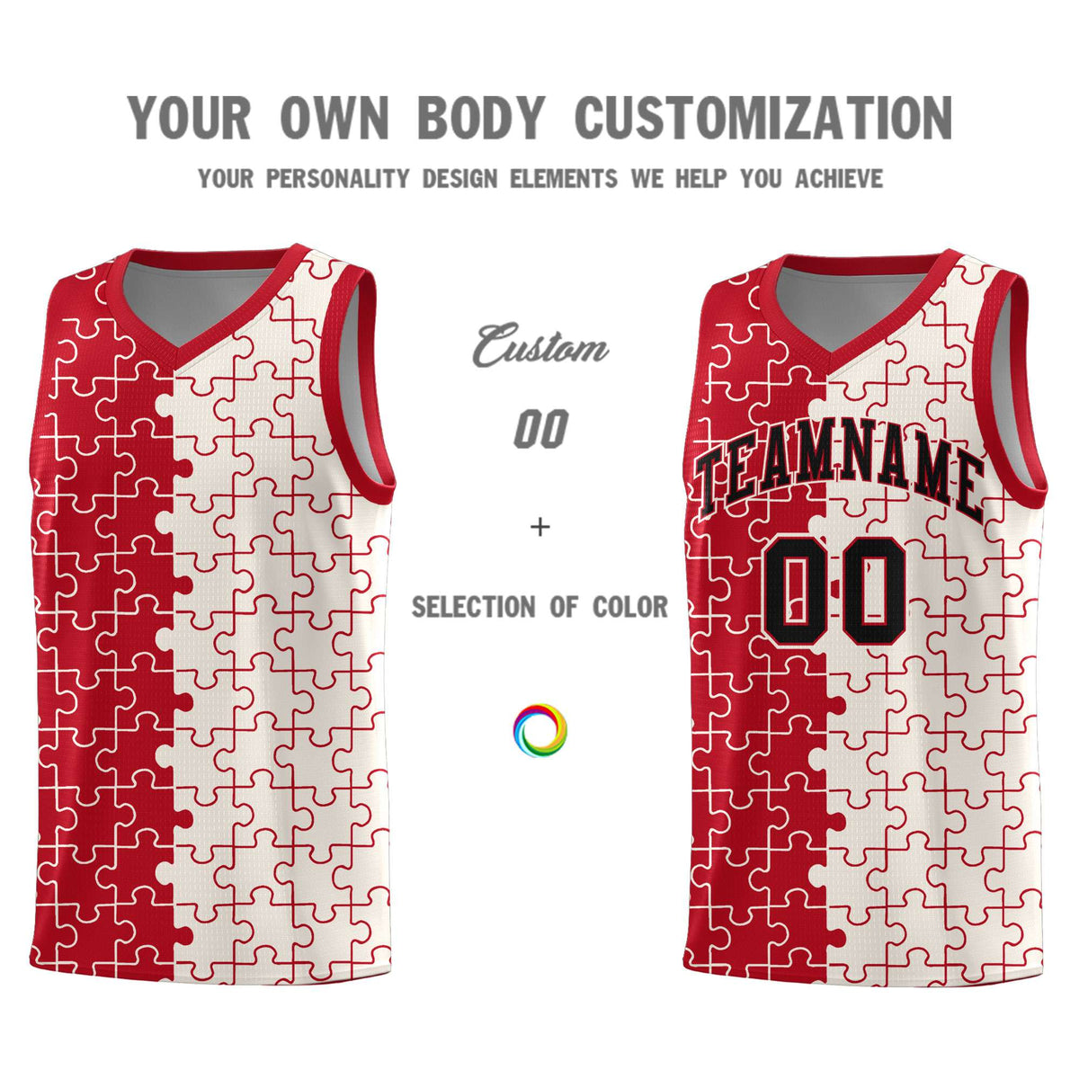 Custom Red Cream Splid Basketball Kits With Puzzle Pattern