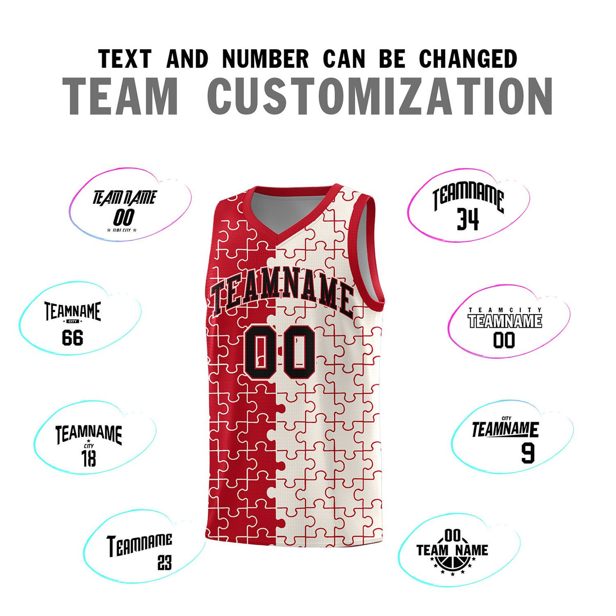 Custom Red Cream Splid Basketball Kits With Puzzle Pattern