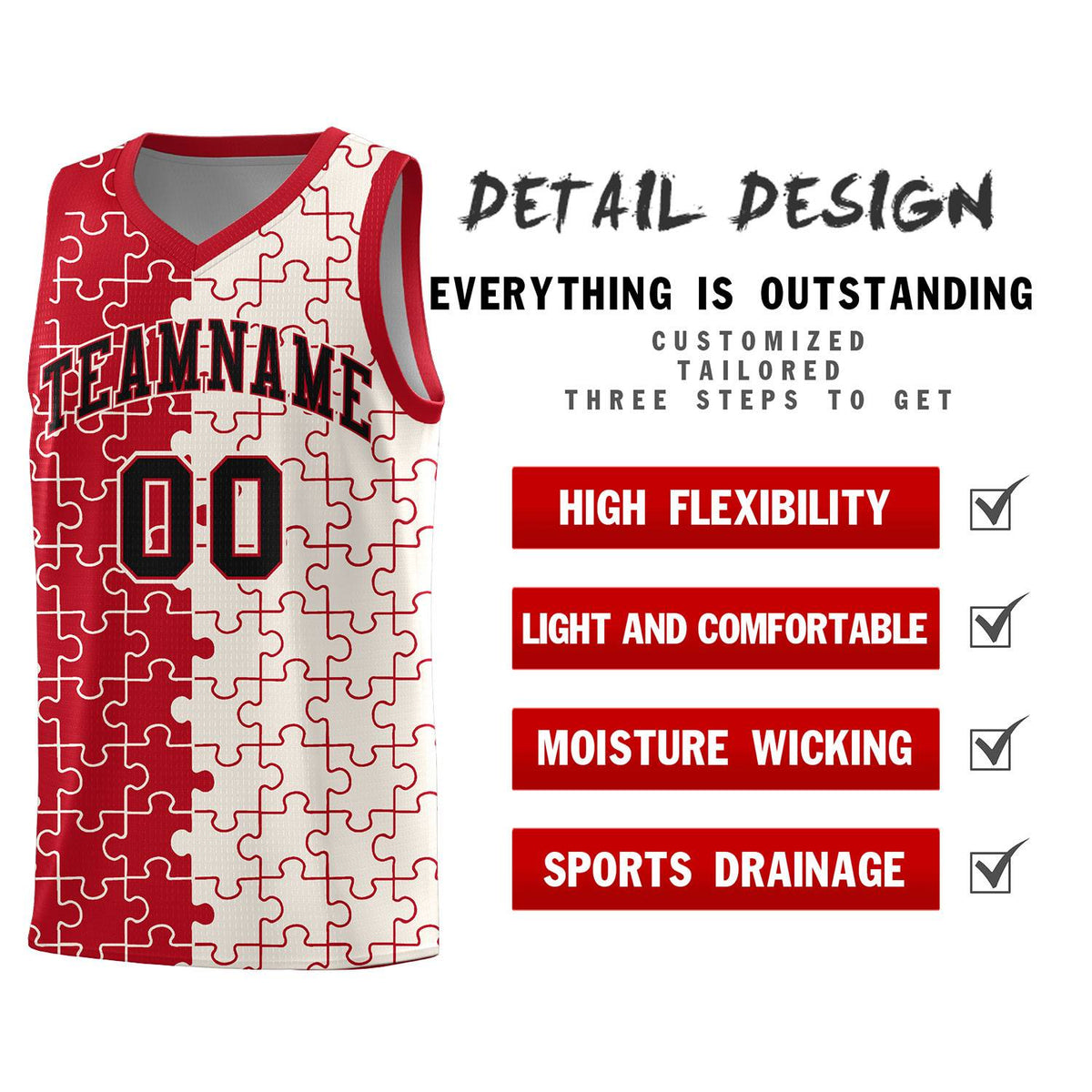 Custom Red Cream Splid Basketball Kits With Puzzle Pattern