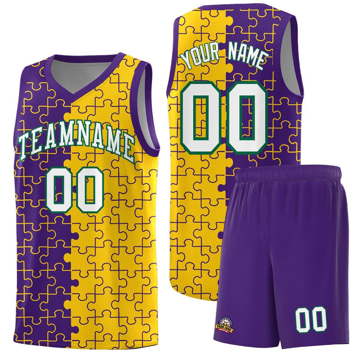Custom Purple Gold Splid Basketball Kits With Puzzle Pattern