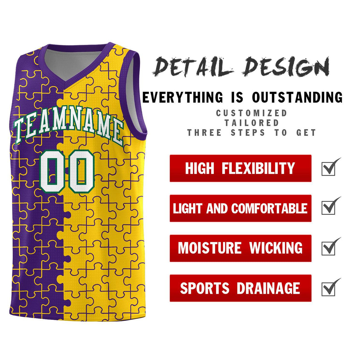 Custom Purple Gold Splid Basketball Kits With Puzzle Pattern