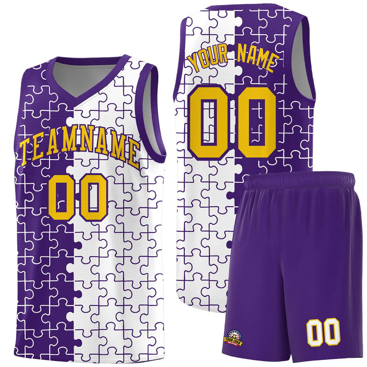 Custom Purple White Splid Basketball Kits With Puzzle Pattern