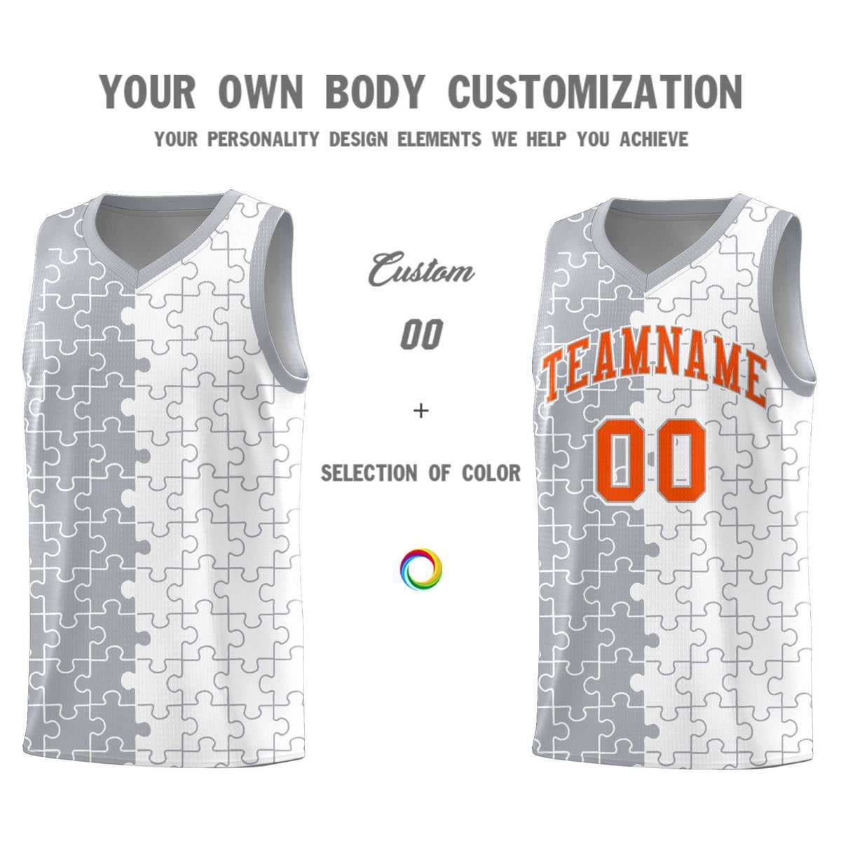 Custom Gray White Splid Basketball Kits With Puzzle Pattern
