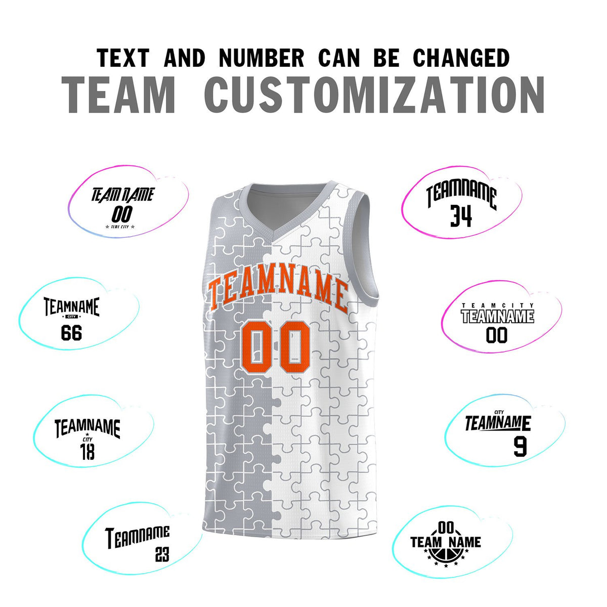 Custom Gray White Splid Basketball Kits With Puzzle Pattern