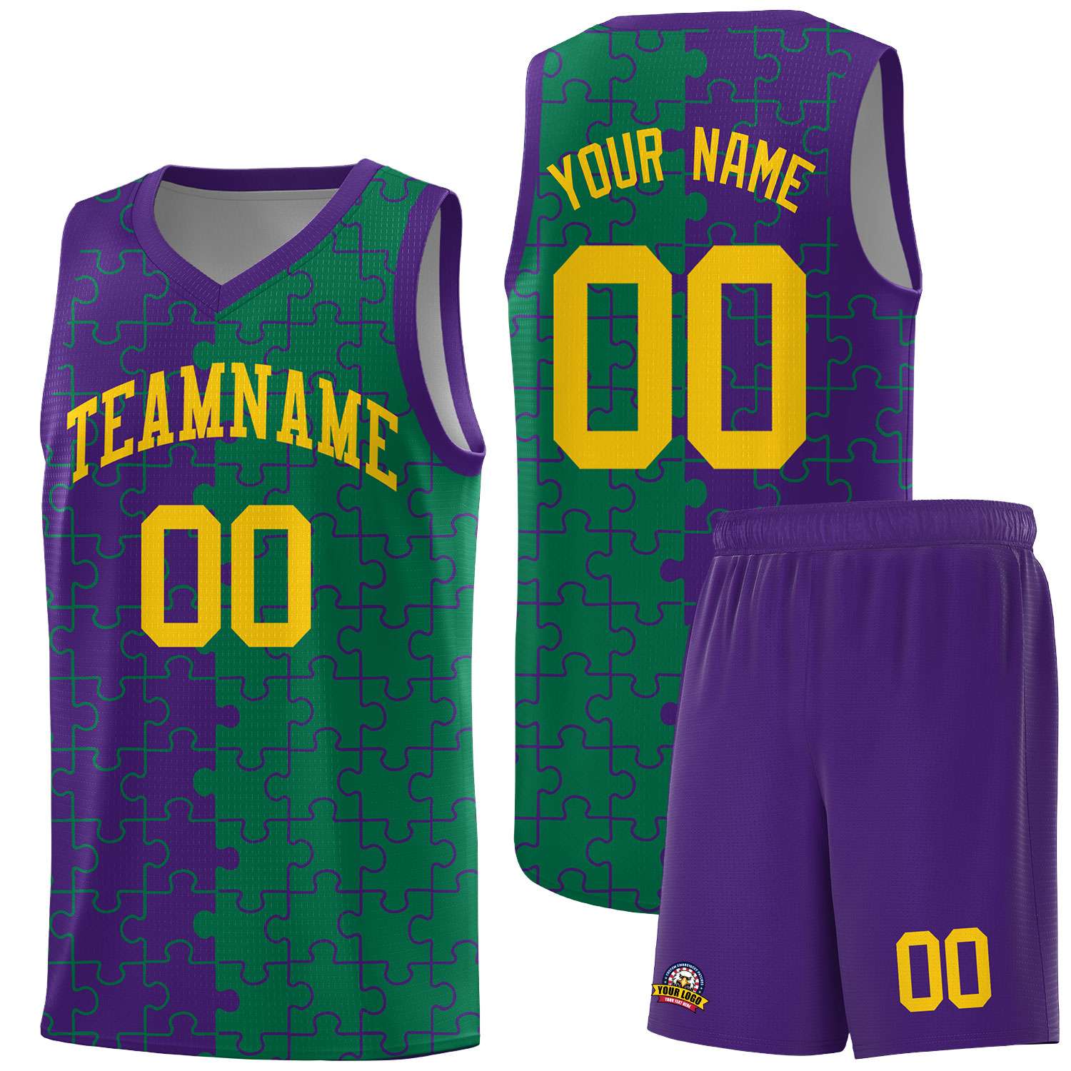 Custom Purple Kelly Green Splid Basketball Kits With Puzzle Pattern