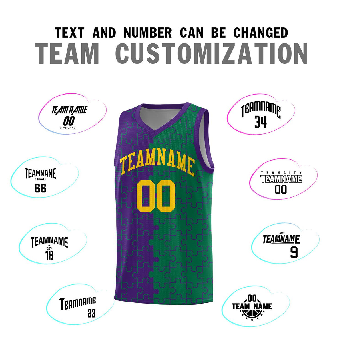 Custom Purple Kelly Green Splid Basketball Kits With Puzzle Pattern