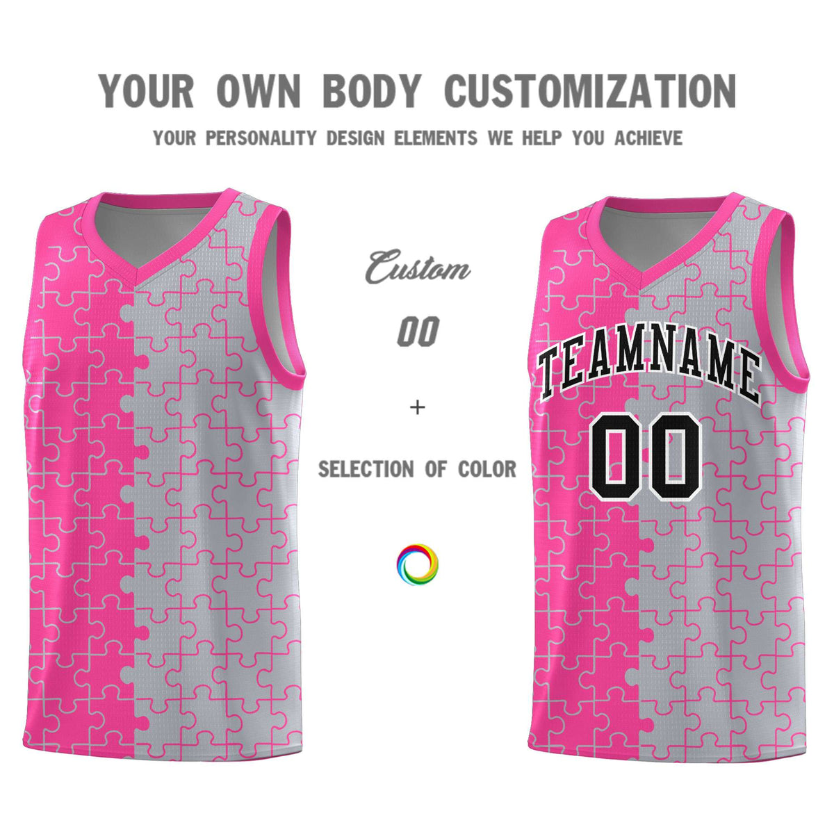 Custom Pink Gray Splid Basketball Kits With Puzzle Pattern