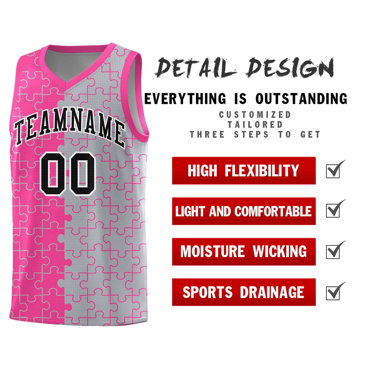 Custom Pink Gray Splid Basketball Kits With Puzzle Pattern