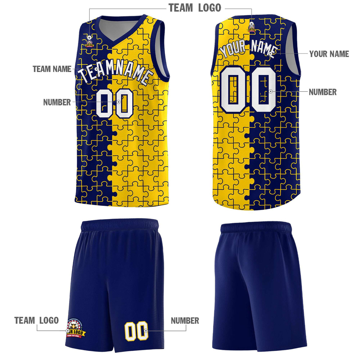 Custom Navy Gold Splid Basketball Kits With Puzzle Pattern