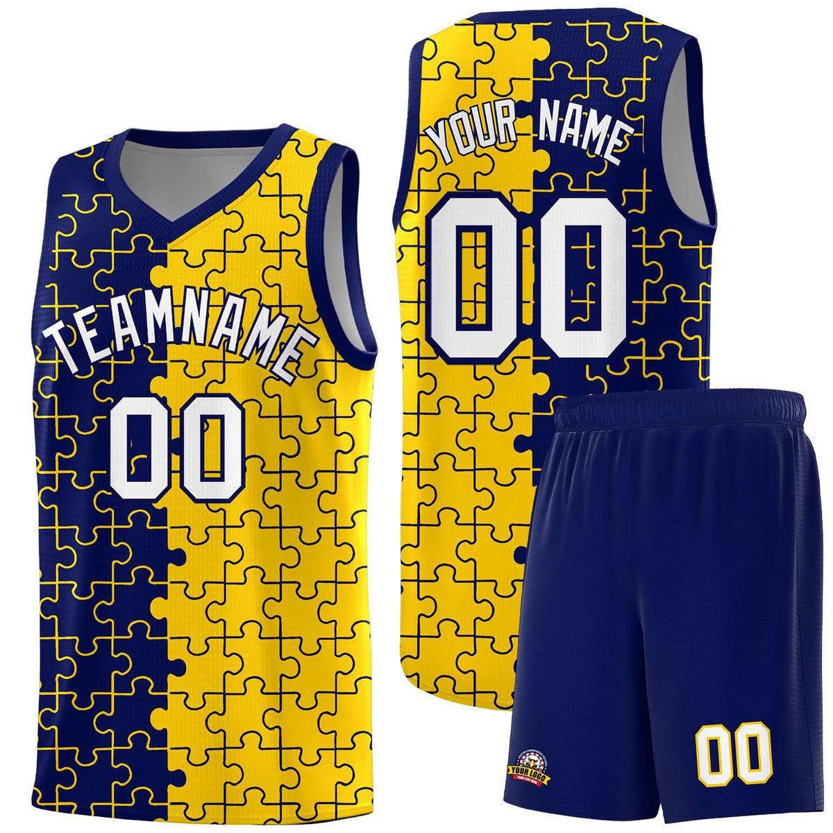 Custom Navy Gold Splid Basketball Kits With Puzzle Pattern