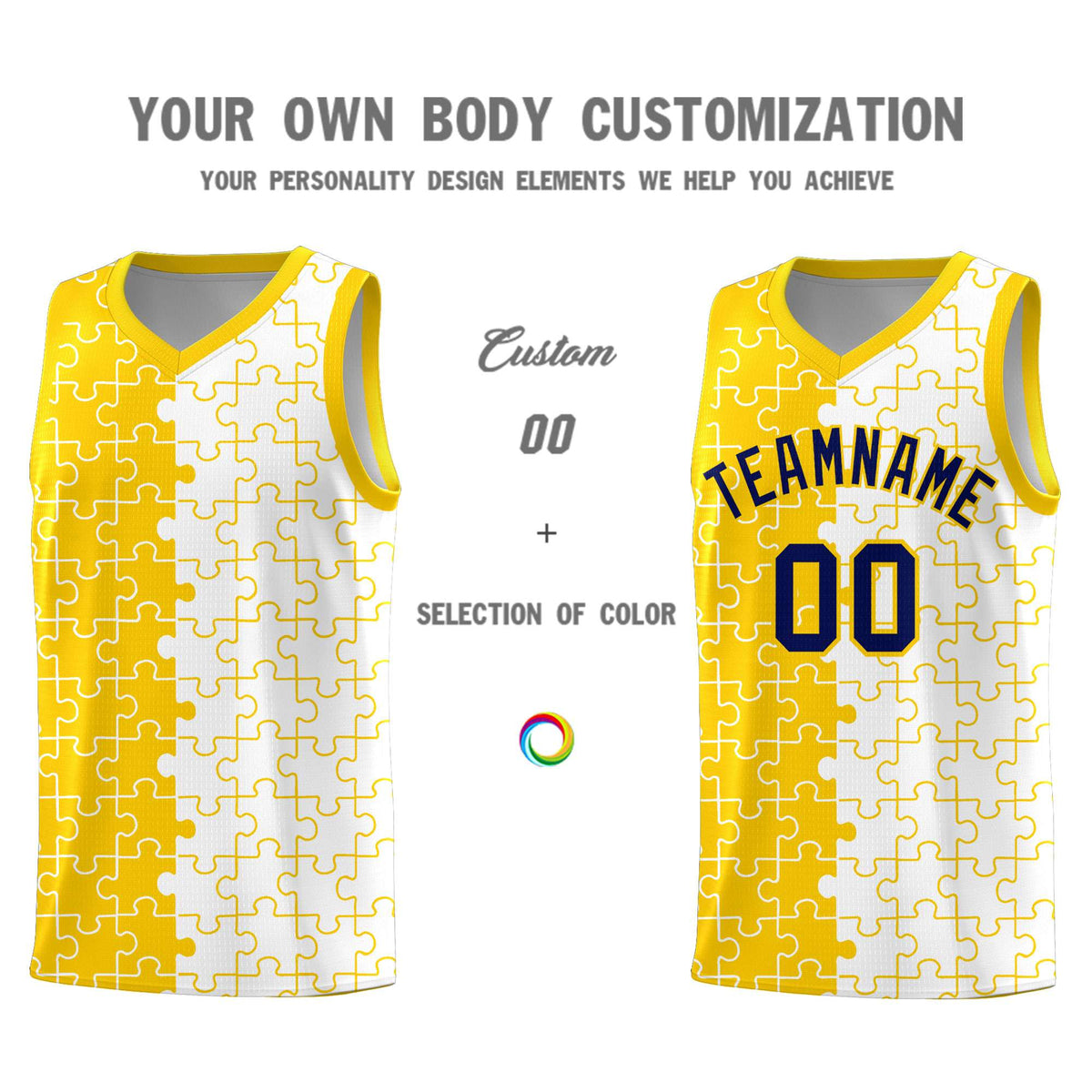 Custom Gold White Splid Basketball Kits With Puzzle Pattern