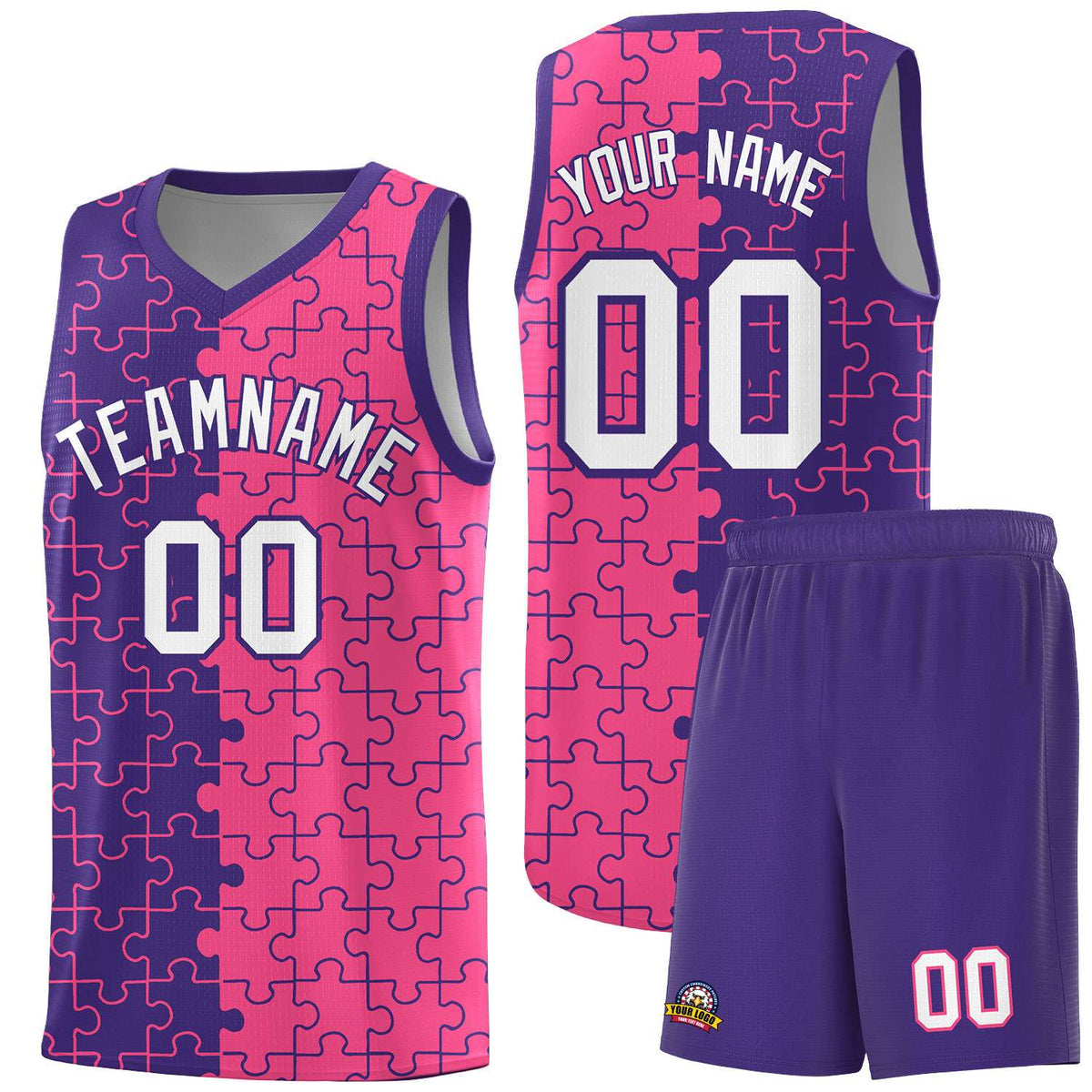 Custom Purple Pink Splid Basketball Kits With Puzzle Pattern
