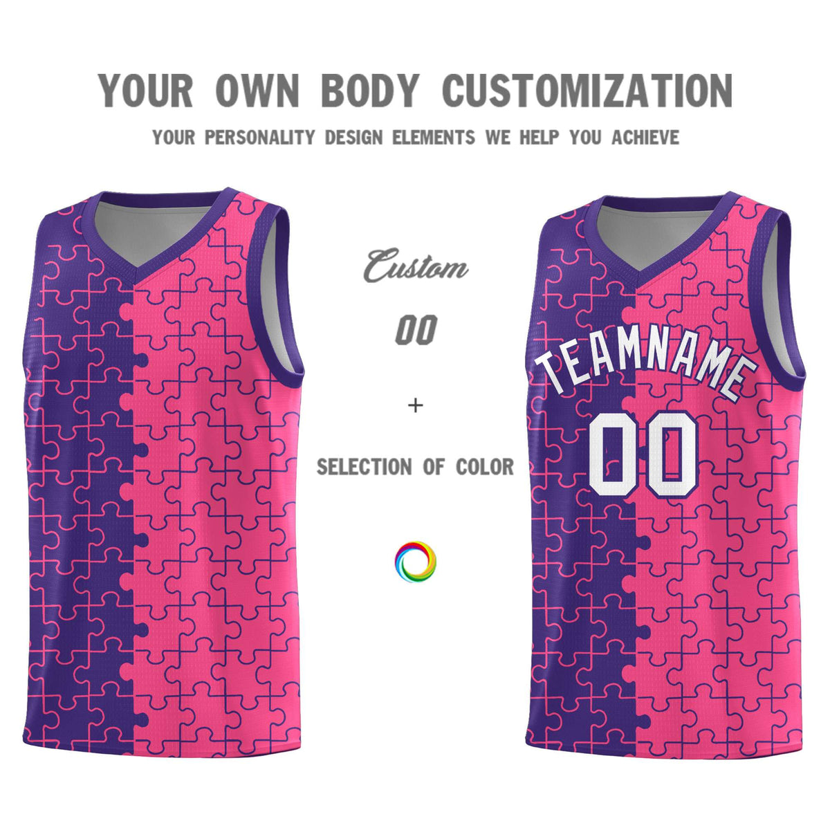 Custom Purple Pink Splid Basketball Kits With Puzzle Pattern