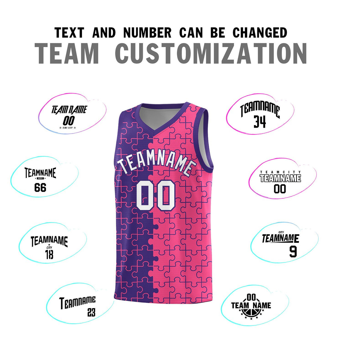 Custom Purple Pink Splid Basketball Kits With Puzzle Pattern