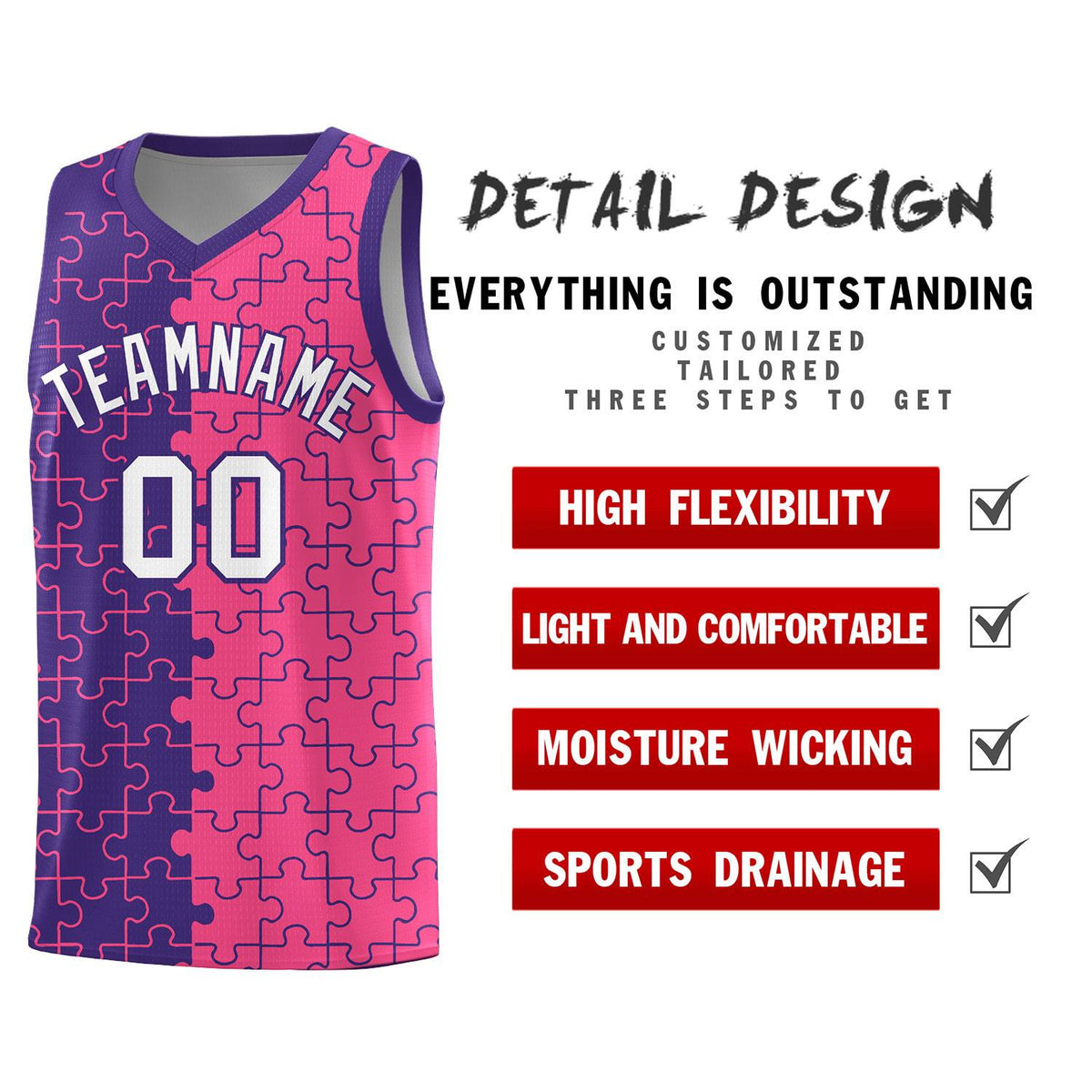 Custom Purple Pink Splid Basketball Kits With Puzzle Pattern