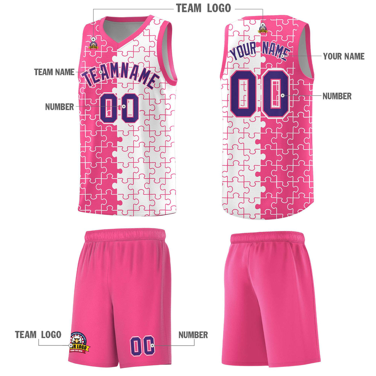 Custom Pink White Splid Basketball Kits With Puzzle Pattern