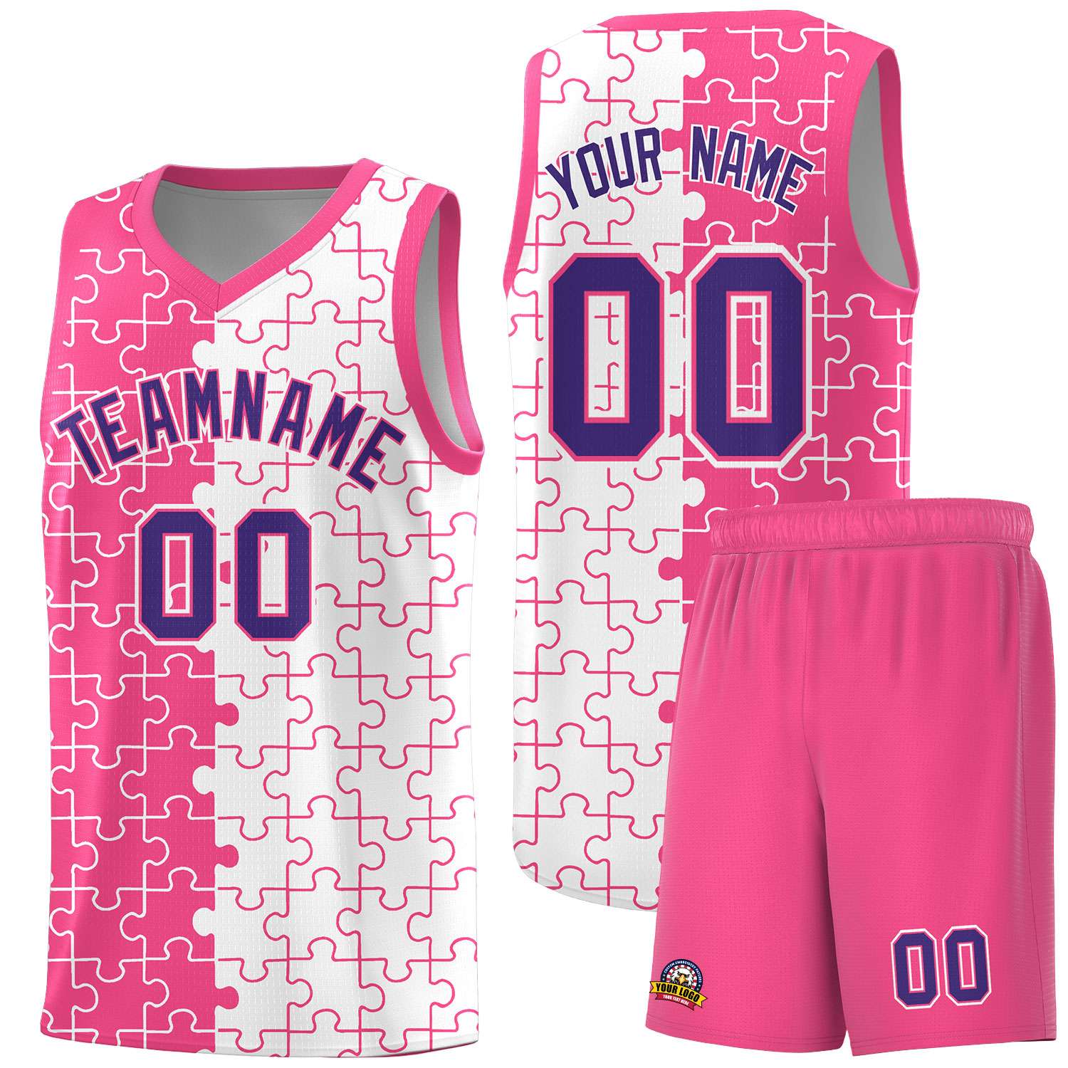 Custom Pink White Splid Basketball Kits With Puzzle Pattern