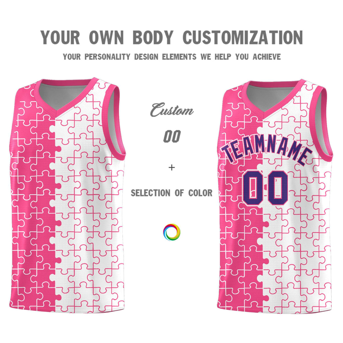 Custom Pink White Splid Basketball Kits With Puzzle Pattern