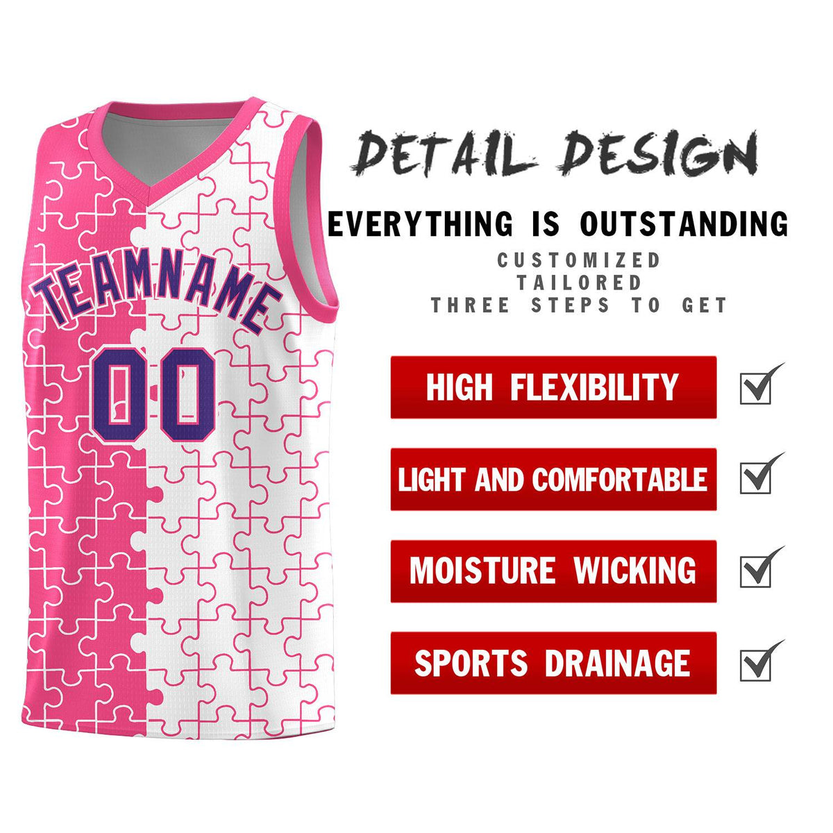 Custom Pink White Splid Basketball Kits With Puzzle Pattern