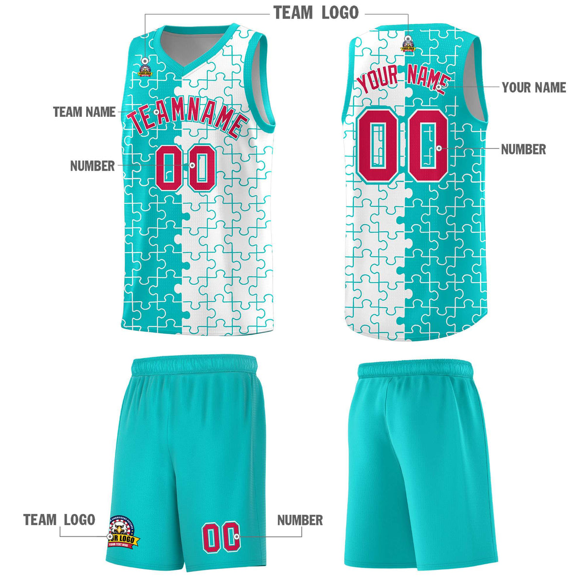Custom Aqua White Splid Basketball Kits With Puzzle Pattern