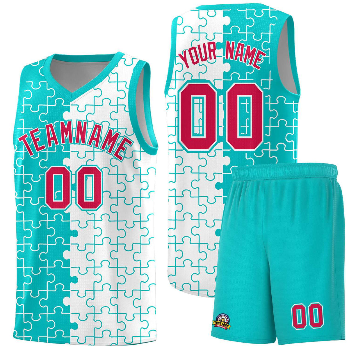 Custom Aqua White Splid Basketball Kits With Puzzle Pattern
