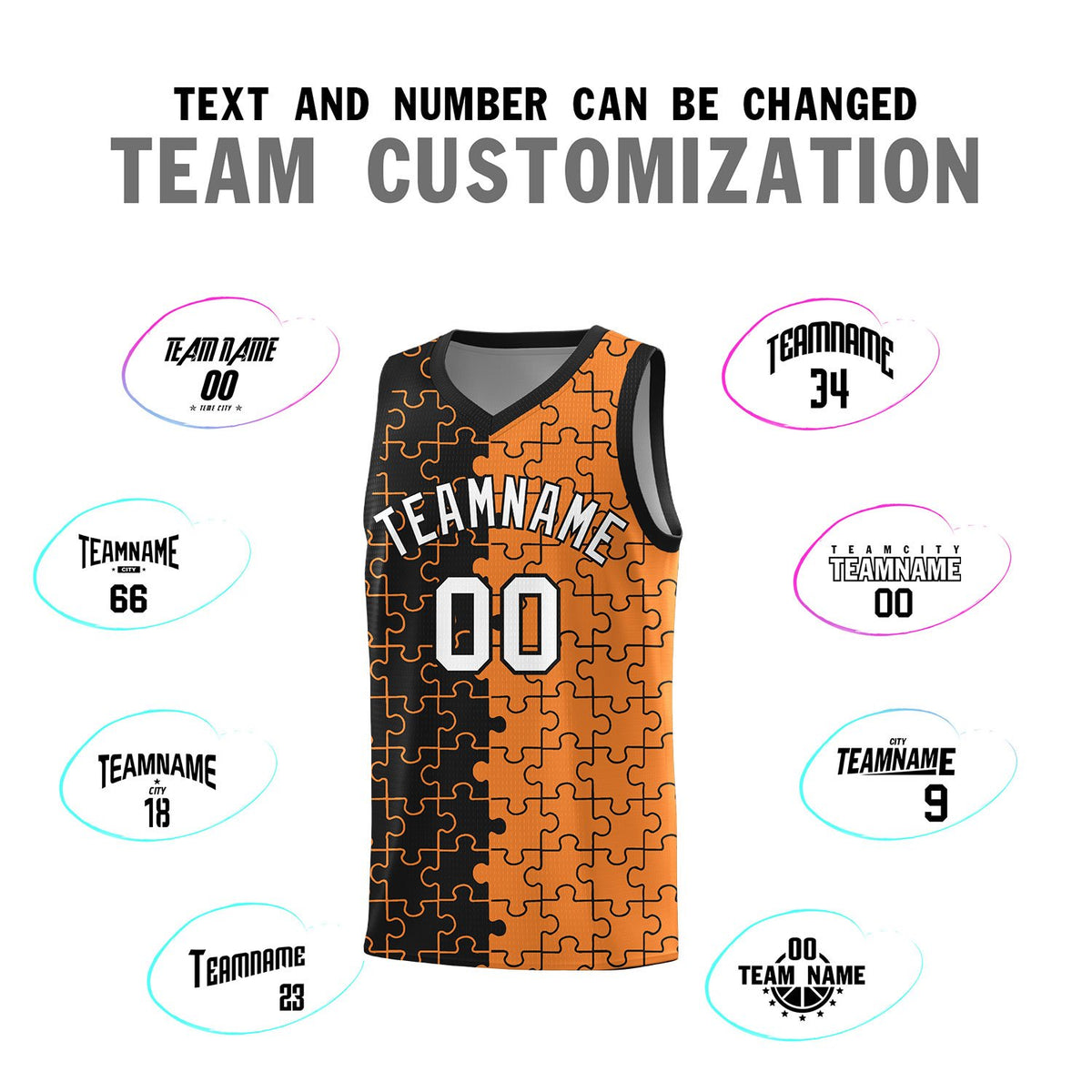 Custom Black Gold Orange Splid Basketball Kits With Puzzle Pattern